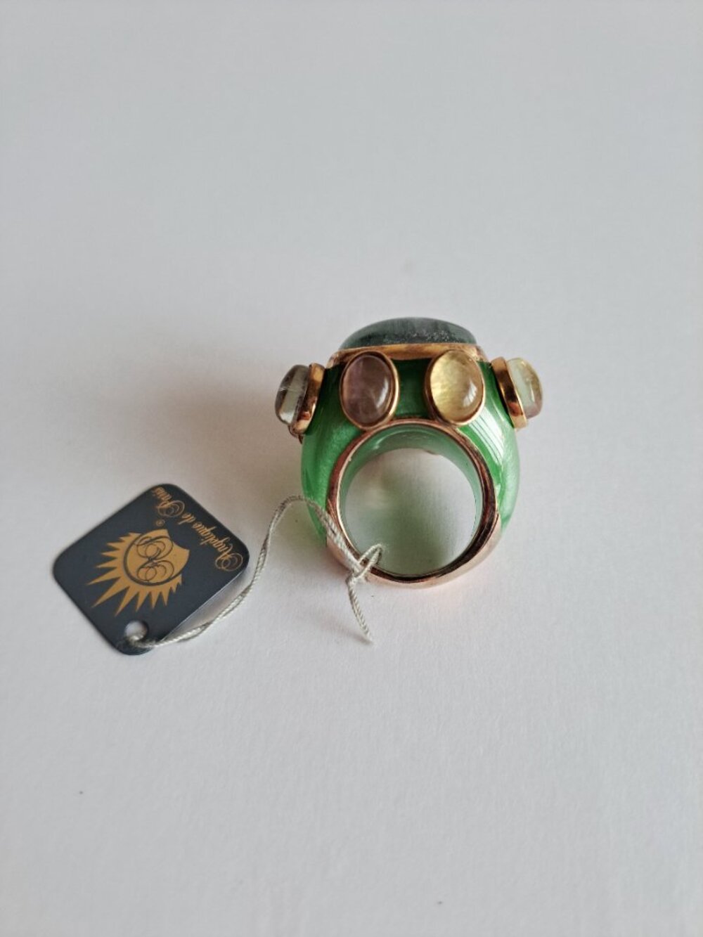 New Angelique de Paris Gold Plated Large Square Green Stones Ring Size 8 - Picture 10 of 17